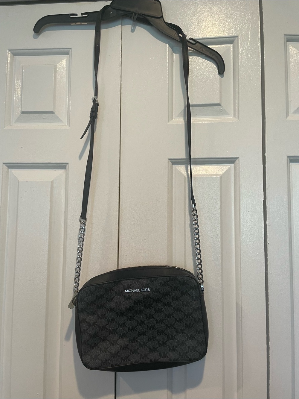 Michael Kors Black/Gray MK Logo Crossbody with Silver Chain Strap